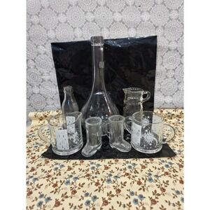 Vintage Assorted Clear Glass Barware Set Sun Moon Star Winter Scene Bottles Shot